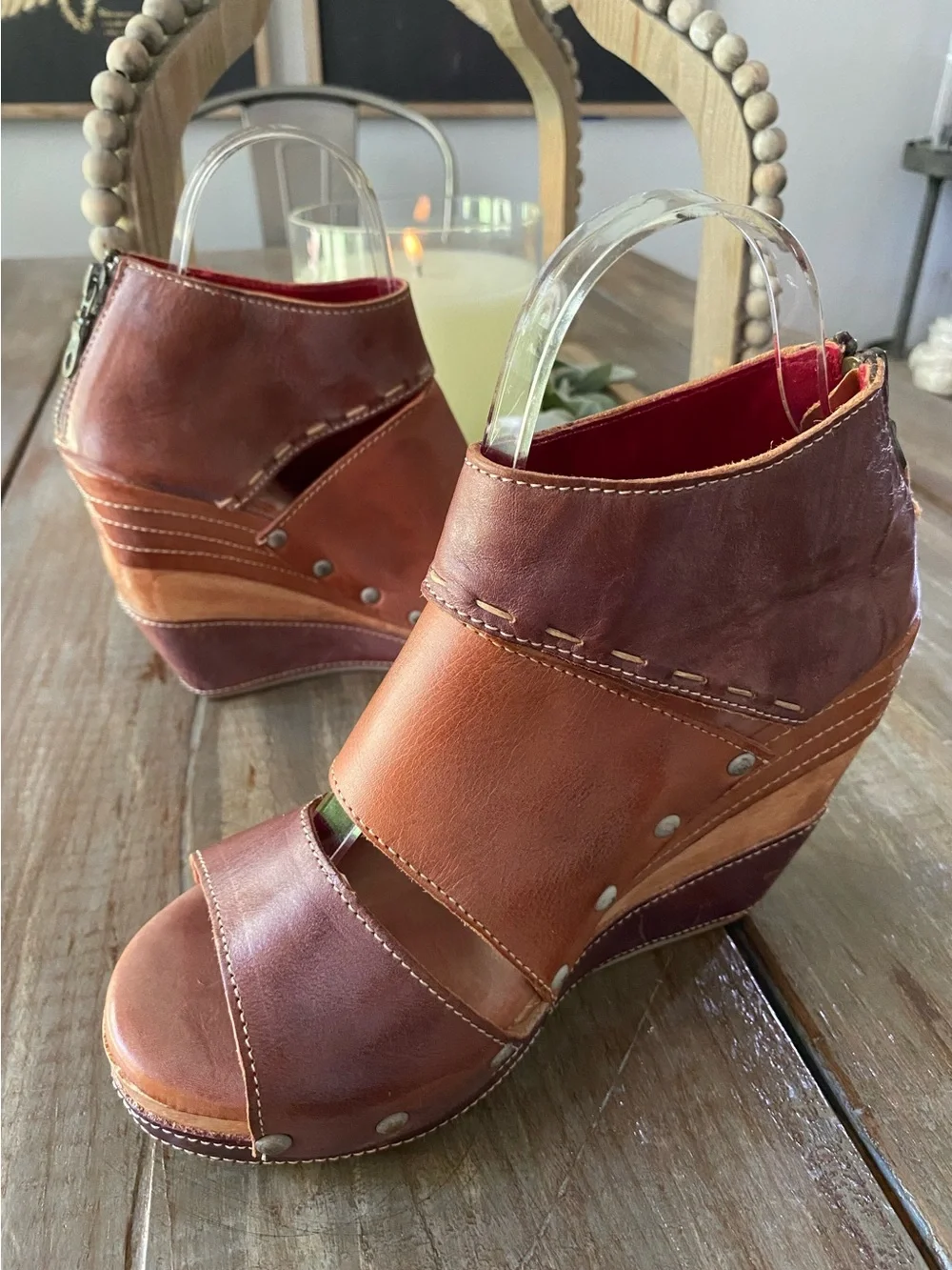 BED|STU Jessie Wedge Sandals Leather‎ Wood Platform Shoes Zip Studded Womens 8.5